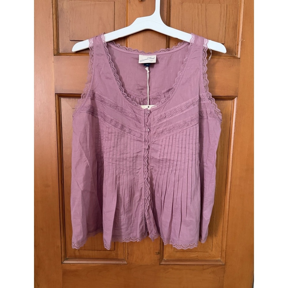 Women's Universal Thread Pink Mauve Pintuck Lace Tank Top Button Front Large NWT